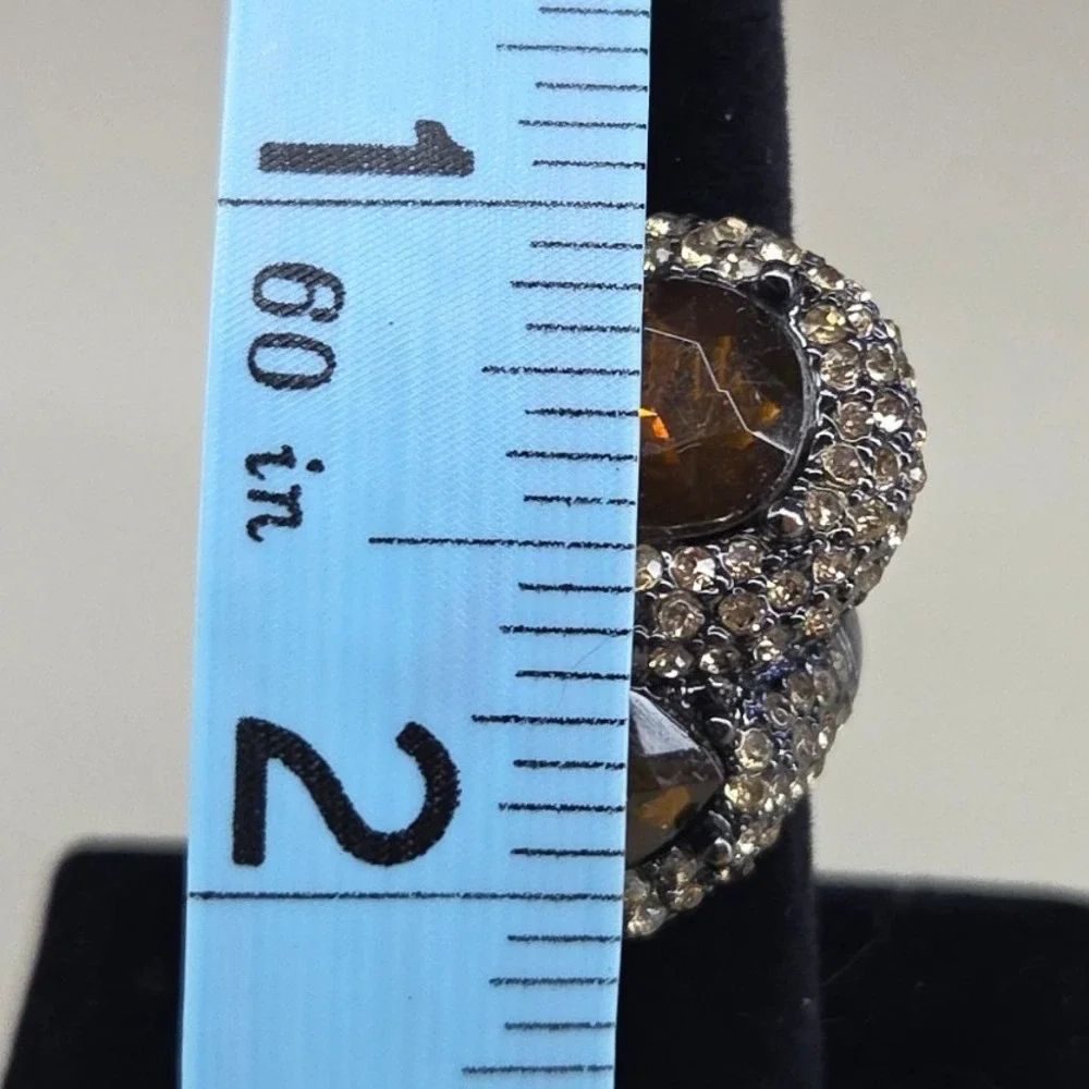 Amber Pear Crystal Bypass Cocktail Ring‎ Gunmetal Tone Pave Rhinestone Size 7.5